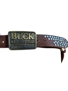 Vintage brown leather belt with Buck Knives metal belt buckle  Medium (34-32)